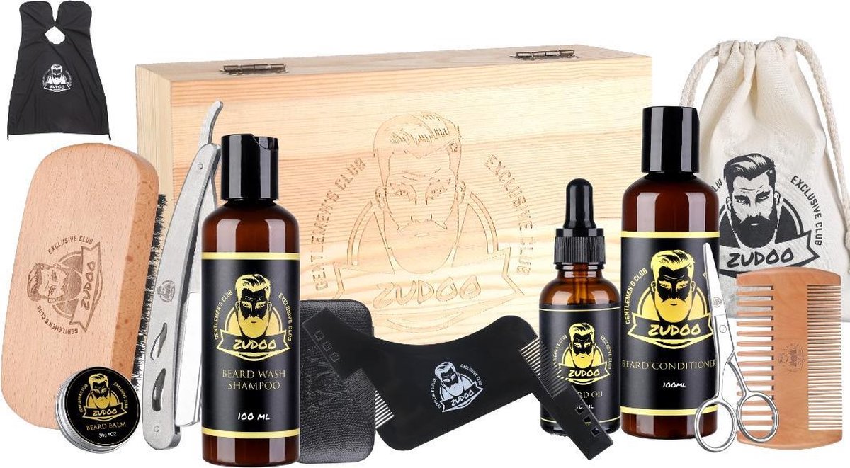 Zudoo's Baardverzorgingsset - De Meest Complete Set Beschikbaar - 20Delig - Geschikt voor alle Baard/Huid-types - Houten Gift Box - Geschenk voor Mannen/Hem/Vaderdag