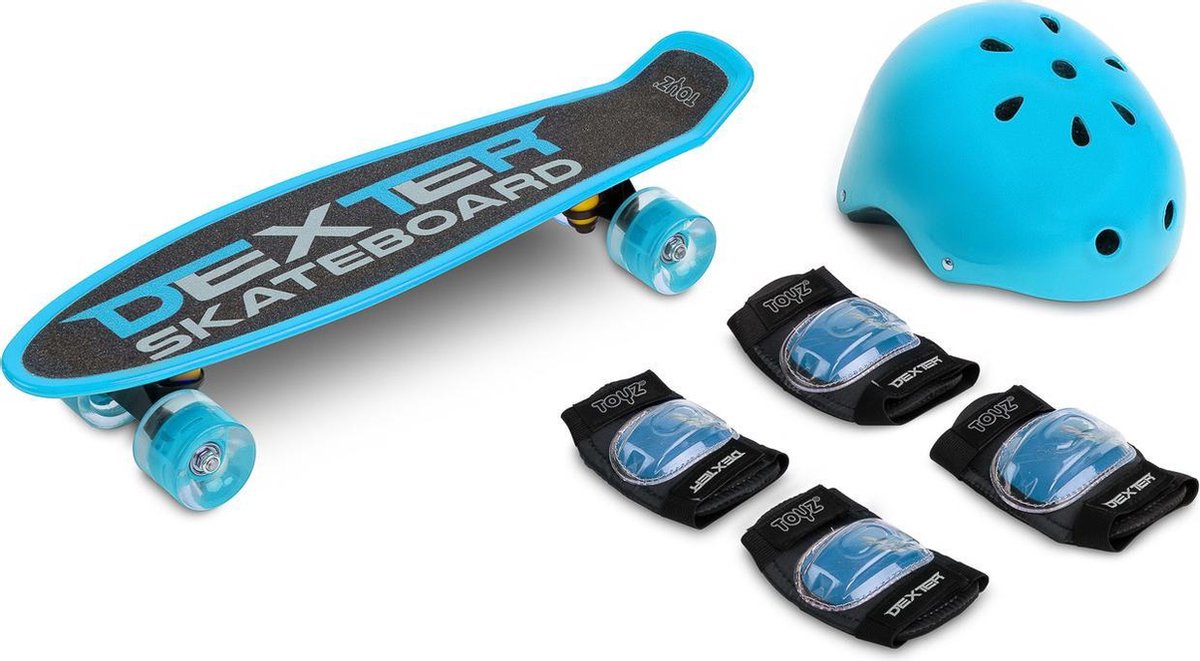 Toyz Dexter skateboard met elleboog- en kniebeschermers- ledverlichting BLUE