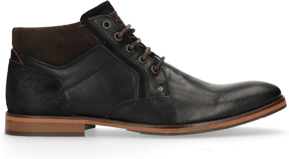 Manfield - Heren - Zwarte leren veterboots - Maat 42