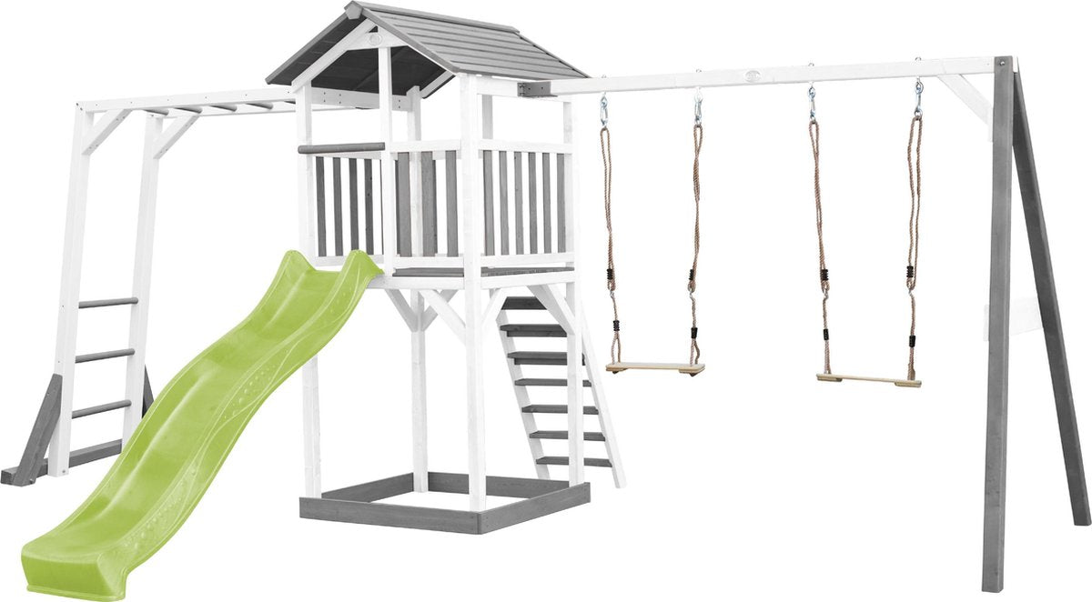 AXI Beach Tower Speeltoren met klimrek en dubbele schommel Grijs/wit - Limoen Groene Glijbaan - Zandbak - FSC Hout
