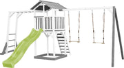 AXI Beach Tower Speeltoren met klimrek en dubbele schommel Grijs/wit - Limoen Groene Glijbaan - Zandbak - FSC Hout