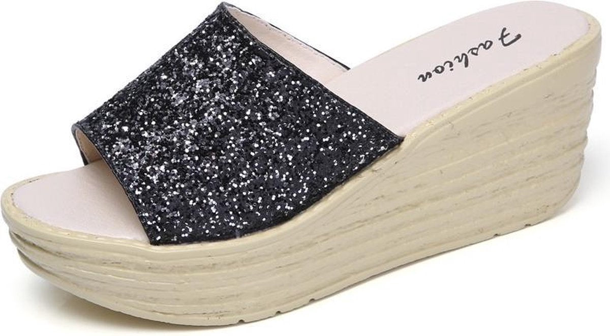 Lovertjes Wedge Dikke onderkant Stijlvol Veelzijdig Antislip Draagbare Pantoffels voor Dames (Kleur: Zwart Maat: 39)