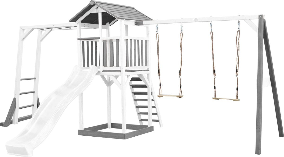 AXI Beach Tower Speeltoren met klimrek en dubbele schommel Grijs/wit - Witte Glijbaan - Zandbak - FSC Hout