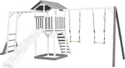 AXI Beach Tower Speeltoren met klimrek en dubbele schommel Grijs/wit - Witte Glijbaan - Zandbak - FSC Hout