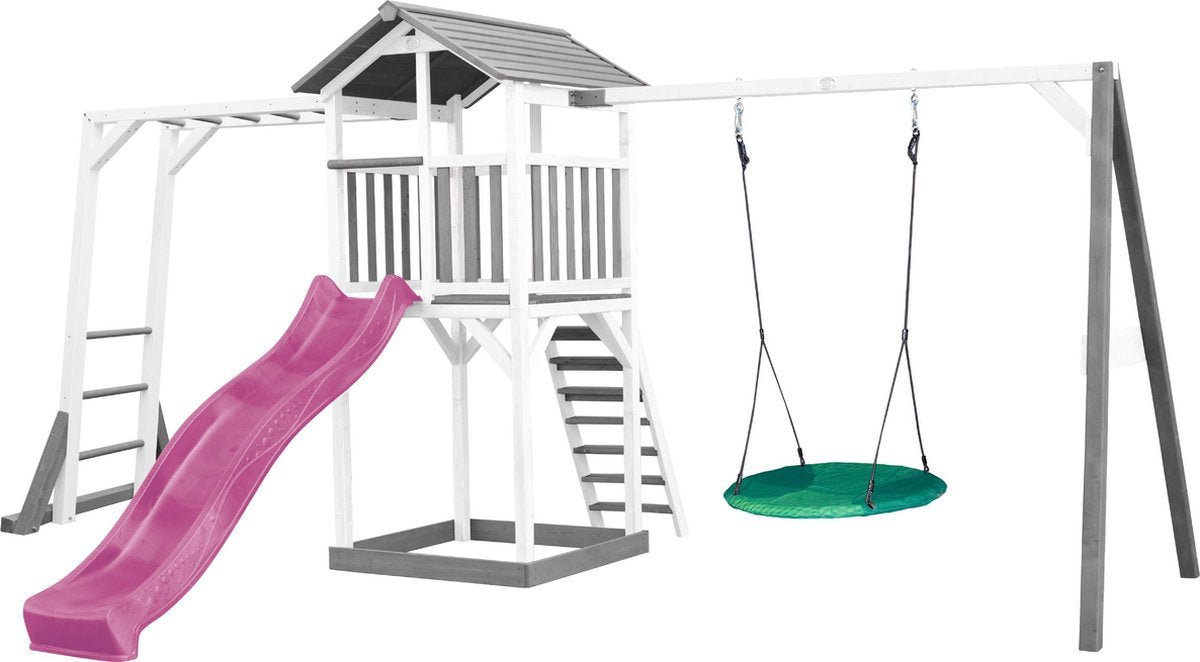 AXI Beach Tower Speeltoren met Klimrek en Summer Nestschommel Grijs/wit - Paarse Glijbaan - Zandbak - FSC Hout