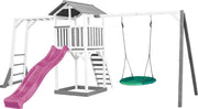 AXI Beach Tower Speeltoren met Klimrek en Summer Nestschommel Grijs/wit - Paarse Glijbaan - Zandbak - FSC Hout