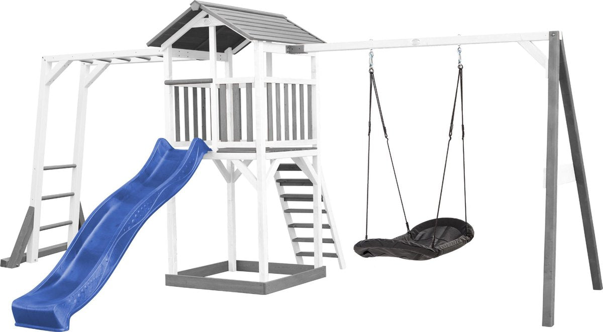 AXI Beach Tower Speeltoren met Klimrek en Roxy Nestschommel Grijs/wit - Blauwe Glijbaan - Zandbak - FSC Hout