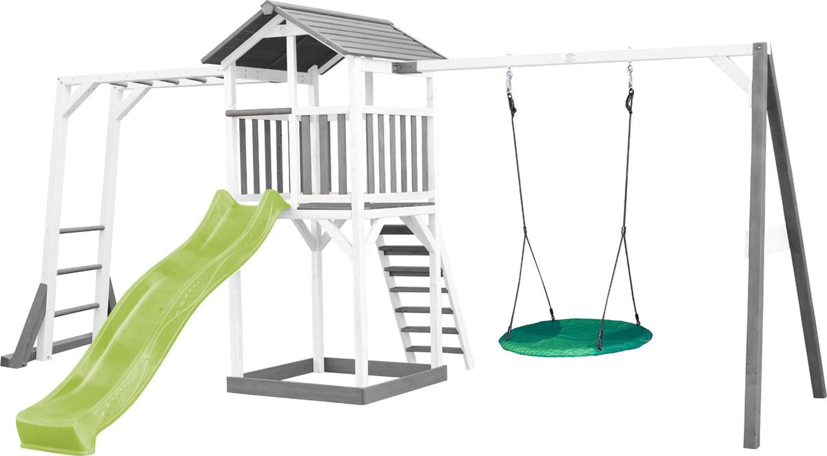 AXI Beach Tower Speeltoren met Klimrek en Summer Nestschommel Grijs/wit - Limoen Groene Glijbaan - Zandbak - FSC Hout