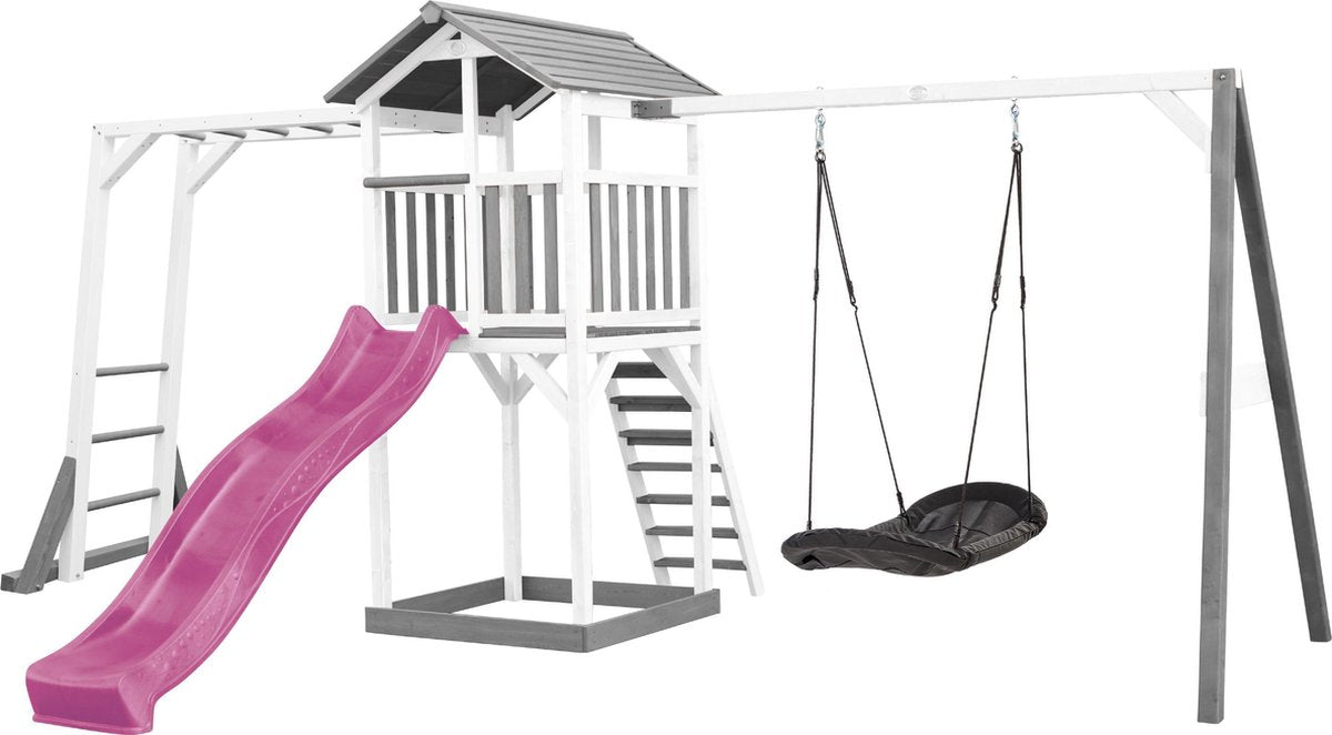 AXI Beach Tower Speeltoren met Klimrek en Roxy Nestschommel Grijs/wit - Paarse Glijbaan - Zandbak - FSC Hout