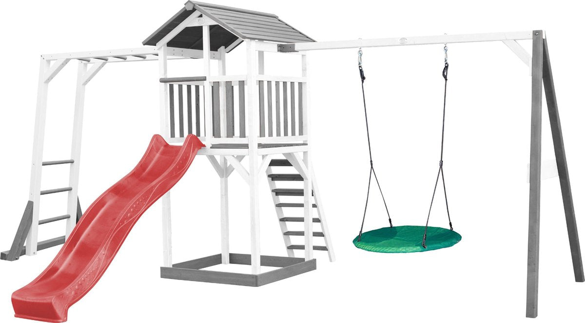 AXI Beach Tower Speeltoren met Klimrek en Summer Nestschommel Grijs/wit - Rode Glijbaan - Zandbak - FSC Hout