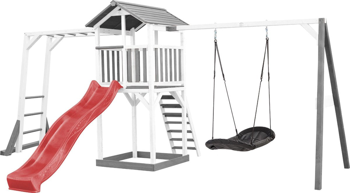 AXI Beach Tower Speeltoren met Klimrek en Roxy Nestschommel Grijs/wit - Rode Glijbaan - Zandbak - FSC Hout