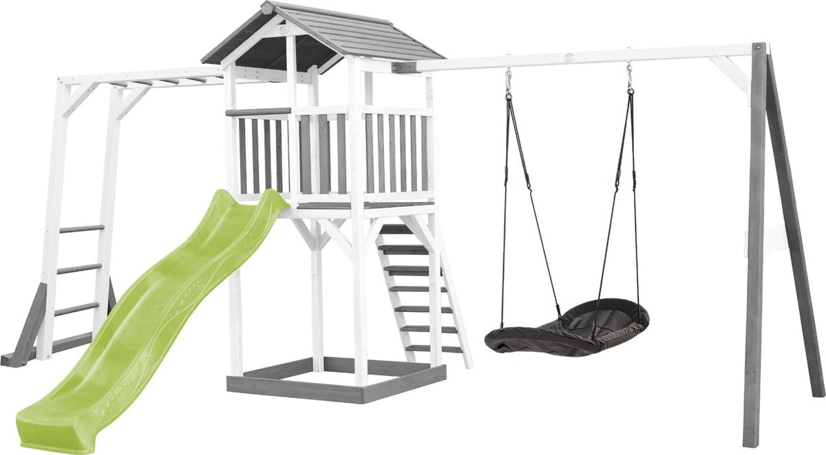 AXI Beach Tower Speeltoren met Klimrek en Roxy Nestschommel Grijs/wit - Limoen Groene Glijbaan - Zandbak - FSC Hout