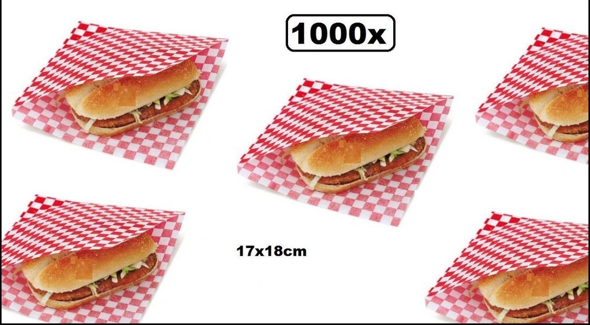 1000x Hamburger zakje papier wit/rood 17x18cm - hamburger zakje hip broodje festival themaparty festival carnaval