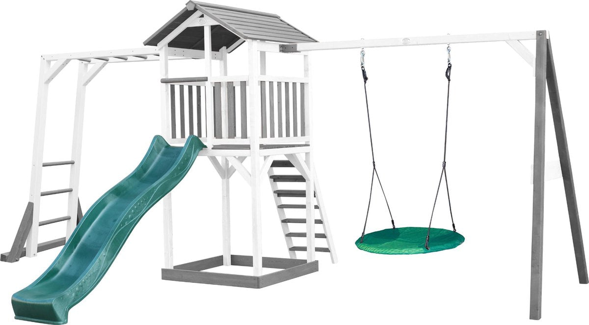 AXI Beach Tower Speeltoren met Klimrek en Summer Nestschommel Grijs/wit - Groene Glijbaan - Zandbak - FSC Hout