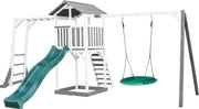AXI Beach Tower Speeltoren met Klimrek en Summer Nestschommel Grijs/wit - Groene Glijbaan - Zandbak - FSC Hout
