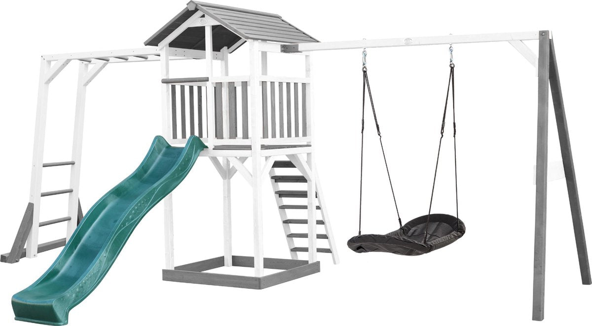 AXI Beach Tower Speeltoren met Klimrek en Roxy Nestschommel Grijs/wit - Groene Glijbaan - Zandbak - FSC Hout