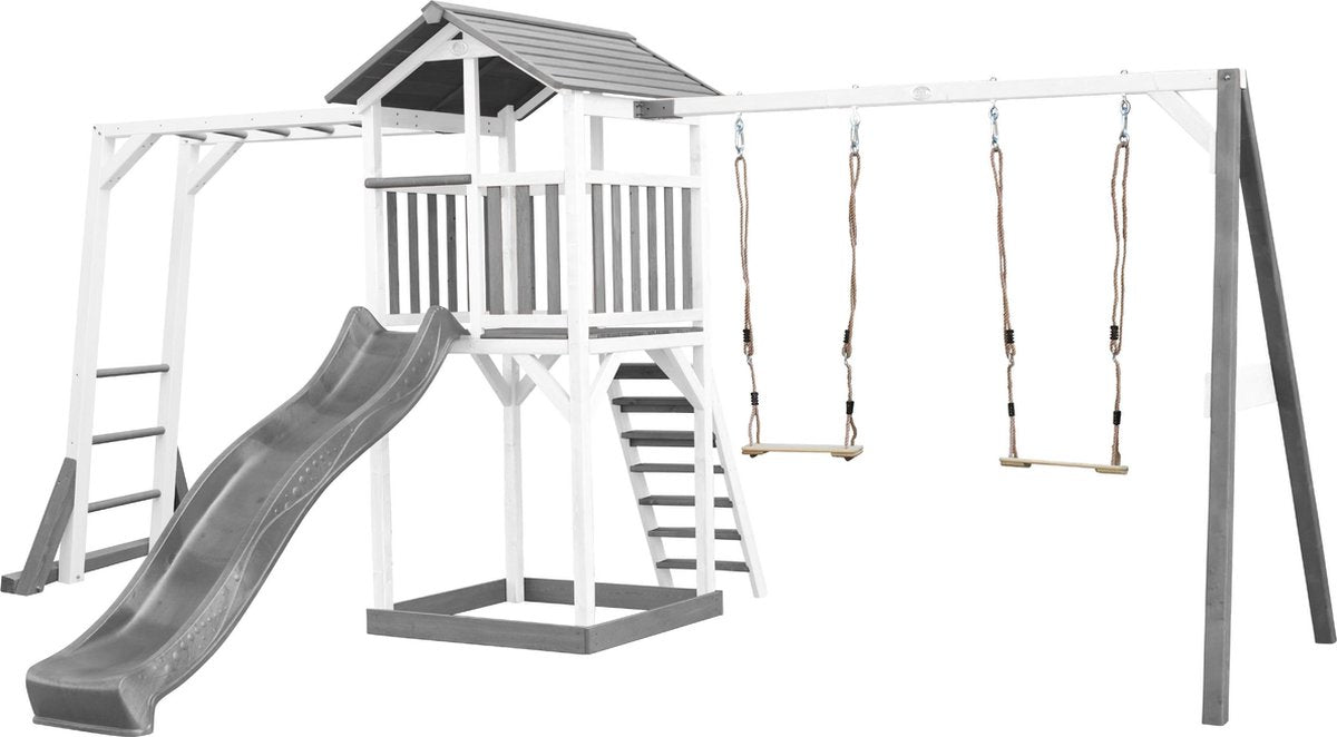 AXI Beach Tower Speeltoren met klimrek en dubbele schommel Grijs/wit - Grijze Glijbaan - Zandbak - FSC Hout