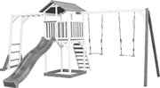AXI Beach Tower Speeltoren met klimrek en dubbele schommel Grijs/wit - Grijze Glijbaan - Zandbak - FSC Hout