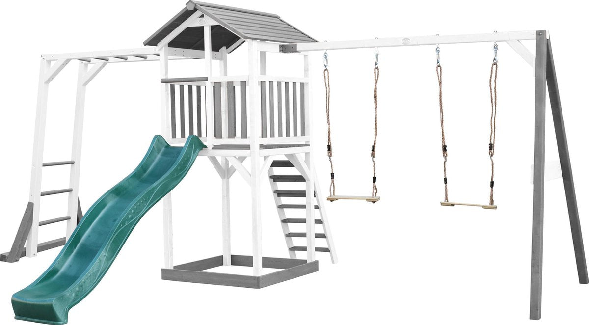 AXI Beach Tower Speeltoren met klimrek en dubbele schommel Grijs/wit - Groene Glijbaan - Zandbak - FSC Hout