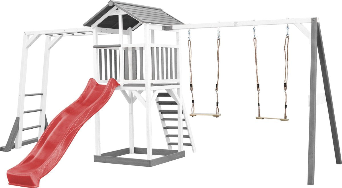AXI Beach Tower Speeltoren met klimrek en dubbele schommel Grijs/wit - Rode Glijbaan - Zandbak - FSC Hout