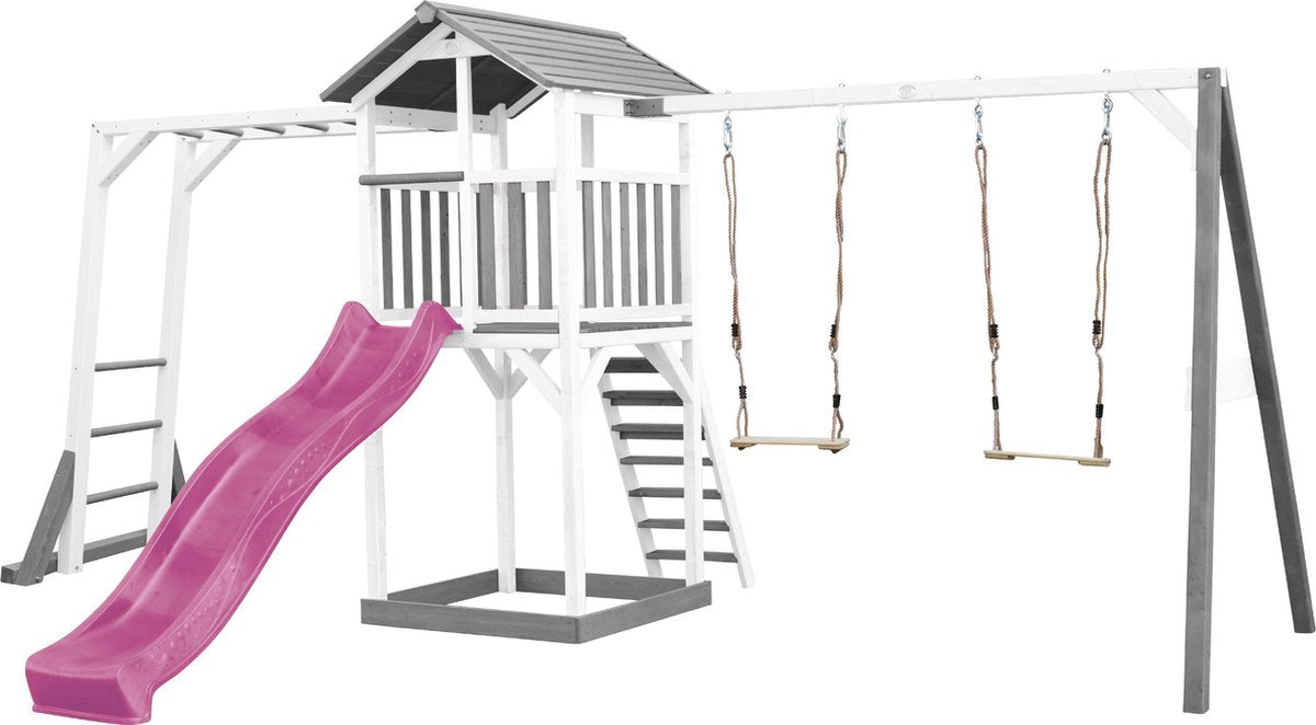 AXI Beach Tower Speeltoren met klimrek en dubbele schommel Grijs/wit - Paarse Glijbaan - Zandbak - FSC Hout