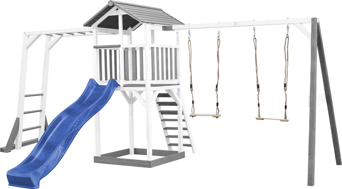 AXI Beach Tower Speeltoren met Klimrek en Dubbele Schommel Grijs/wit - Blauwe Glijbaan - Zandbak - FSC Hout