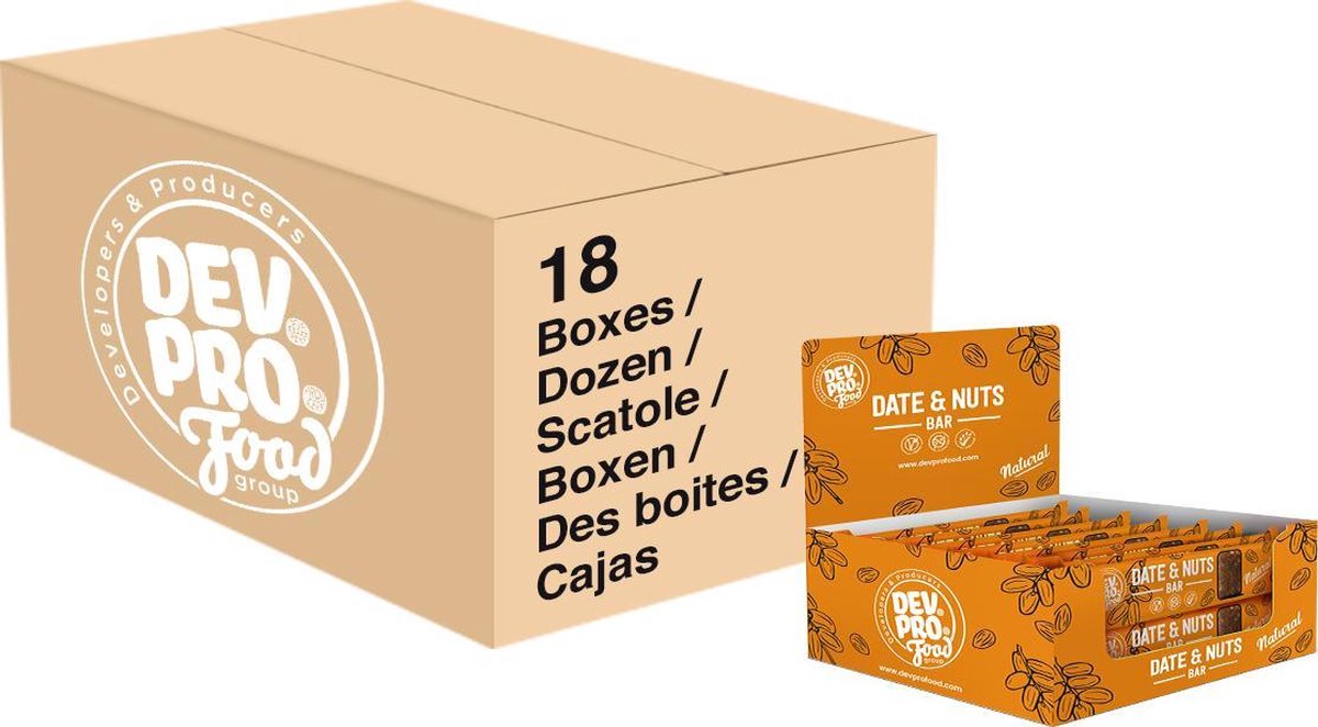 Dev. Pro. Dadel & Noten reep - naturel smaak - doos met 288 repen - lekker voor op school of in de sportschool