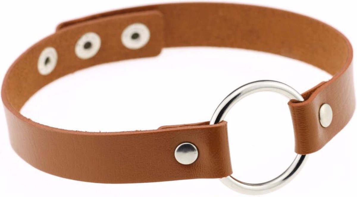 KIMU choker bruin ring - PU leer collar ketting halsband sexy gag