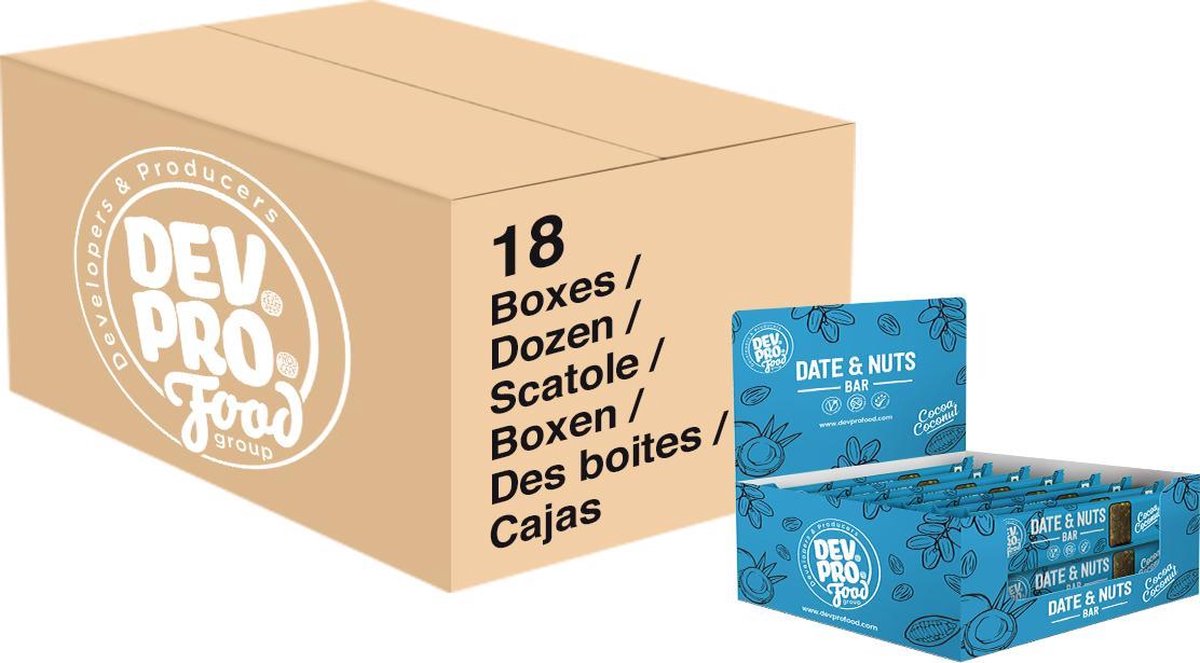 Dev. Pro. Dadel & Noten reep - kokos chocolade smaak - doos met 288 repen - lekker voor op school of in de sportschool