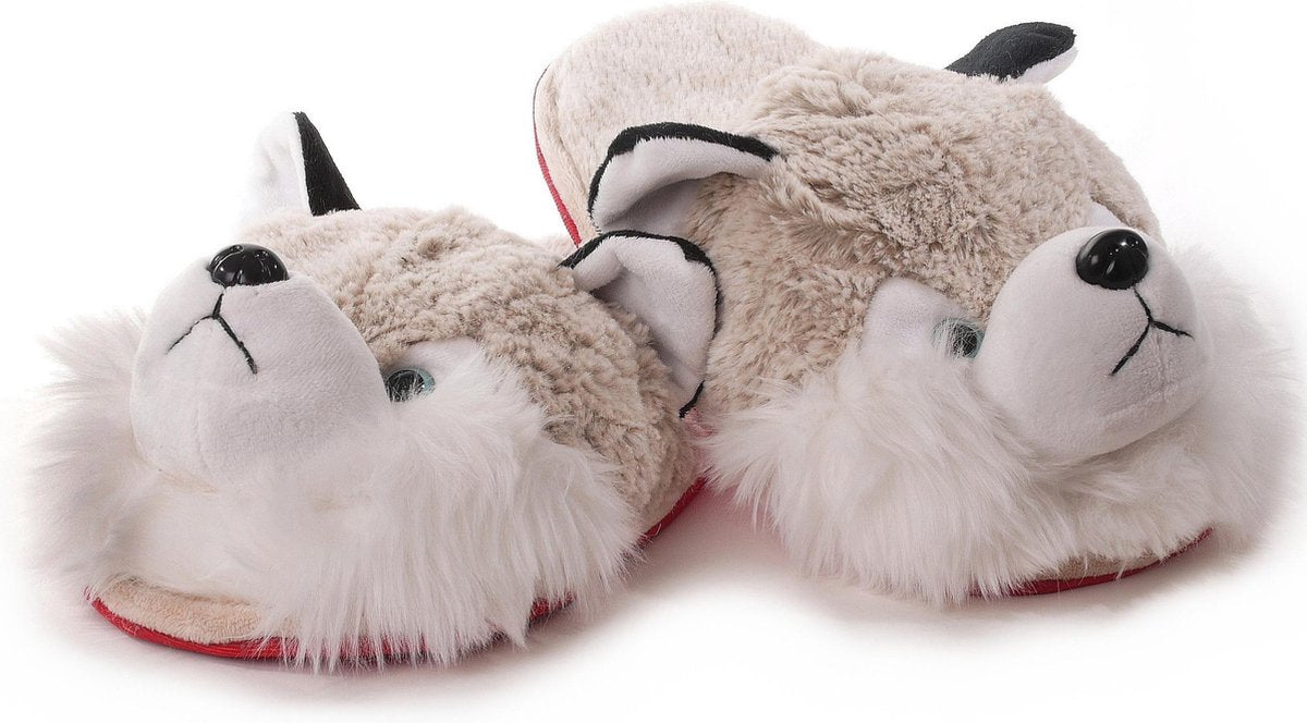 Witte/grijze husky hond instap pantoffels/sloffen voor kinderen - Dierensloffen/dierenpantoffels voor jongens/meisjes - Instapsloffen 33-35