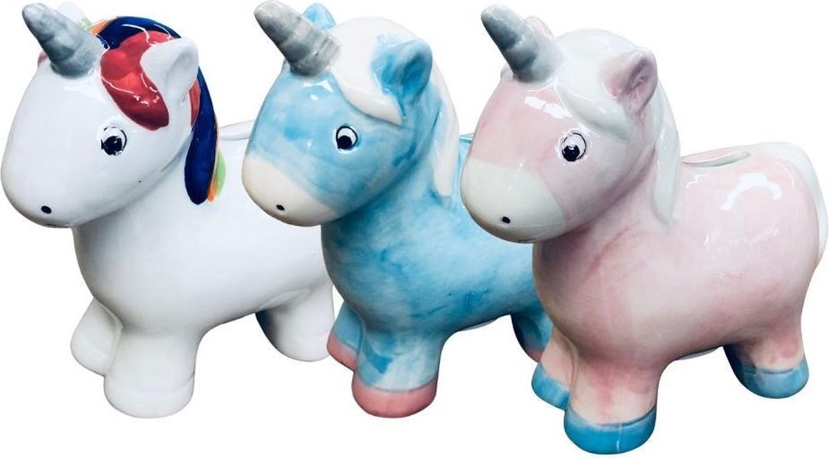 Orange85 Spaarpotjes Unicorn - Set van 3 - Sparen - Spaarpot - Eenhoorn - Muntgeld - Keramiek - Roze - Blauw - Wit