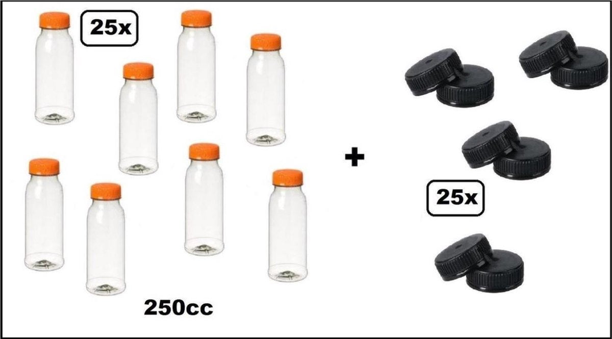 25x Flesje PET helder 250cc met oranje dop + 25 zwarte doppen - drink fles vruchten sap limonade drank