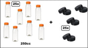 25x Flesje PET helder 250cc met oranje dop + 25 zwarte doppen - drink fles vruchten sap limonade drank