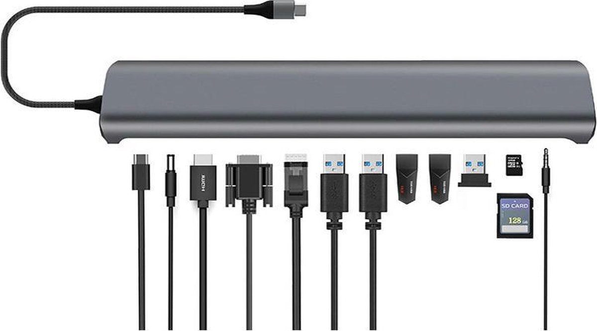 13 in 1 USB-C Hub Adapter | HDMI 4K / VGA / Ethernet /  USB-C 60 Watt Power Delivery / 5* USB-A / SD / TF / Aux / DC IN | Voor MacBook / HP / Dell / Asus