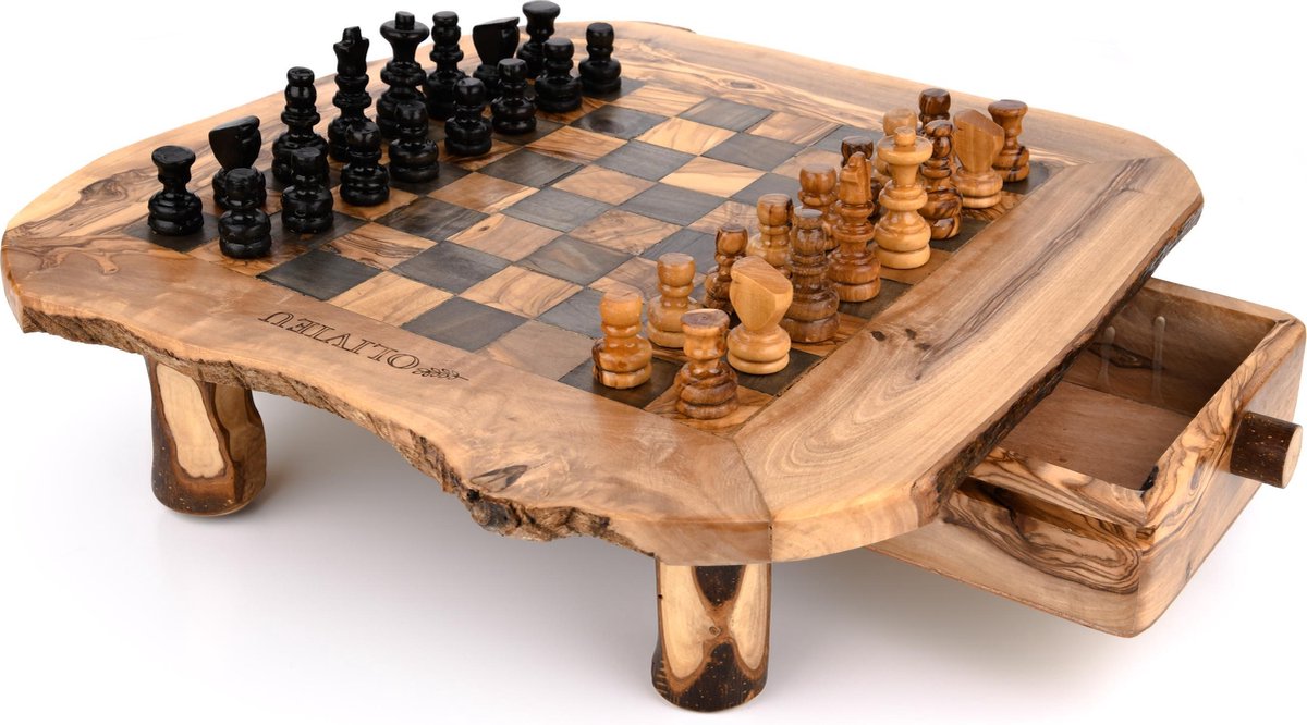 OLIVIEU ~ Intelligente ~ Handgemaakt Schaakspel Hout 40-44 cm ~ Olijfhouten Schaakbord met Schaakstukken ~ Schaakset ~ Cadeau