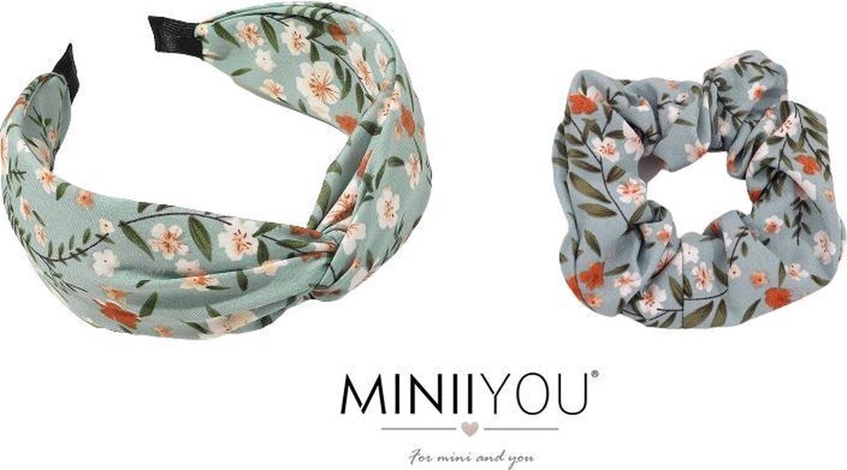 Set Dames Haarband Diadeem gebloemd groen + groen scrunchy elastiek