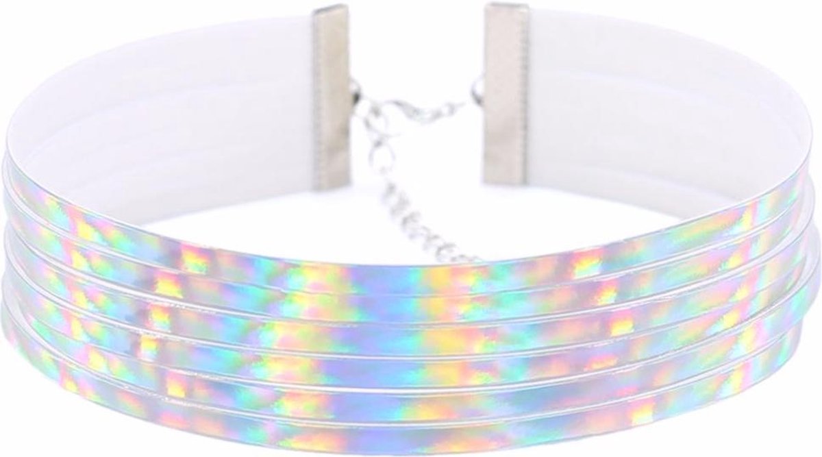 KIMU iridescent choker zilver streepjes - holografische ketting collar