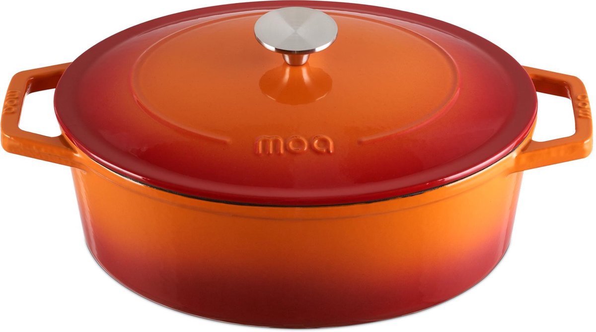 MOA Gietijzeren Braadpan 29 cm - Ovaal - met Deksel - ook voor Inductie - Oranje Rood - C29OR