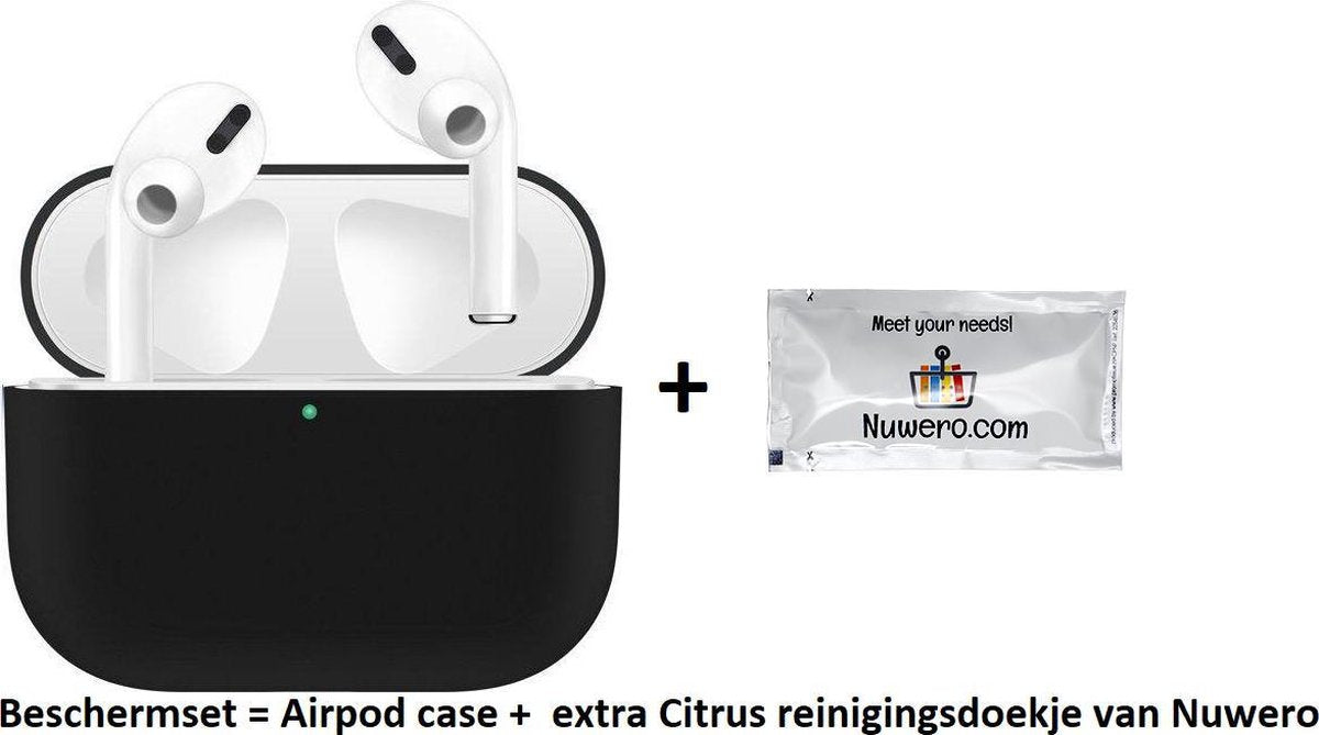 Nuwero – Airpods Pro Case/Hoesje – HOOGWAARDIGE KWALITEIT - Airpods Pro Siliconen - Airpods Pro Cover - Airpods Pro Bescherming - Airpods Case - Geschikt voor Airpods Pro - ZWART + Nuwero cleaning Doekje