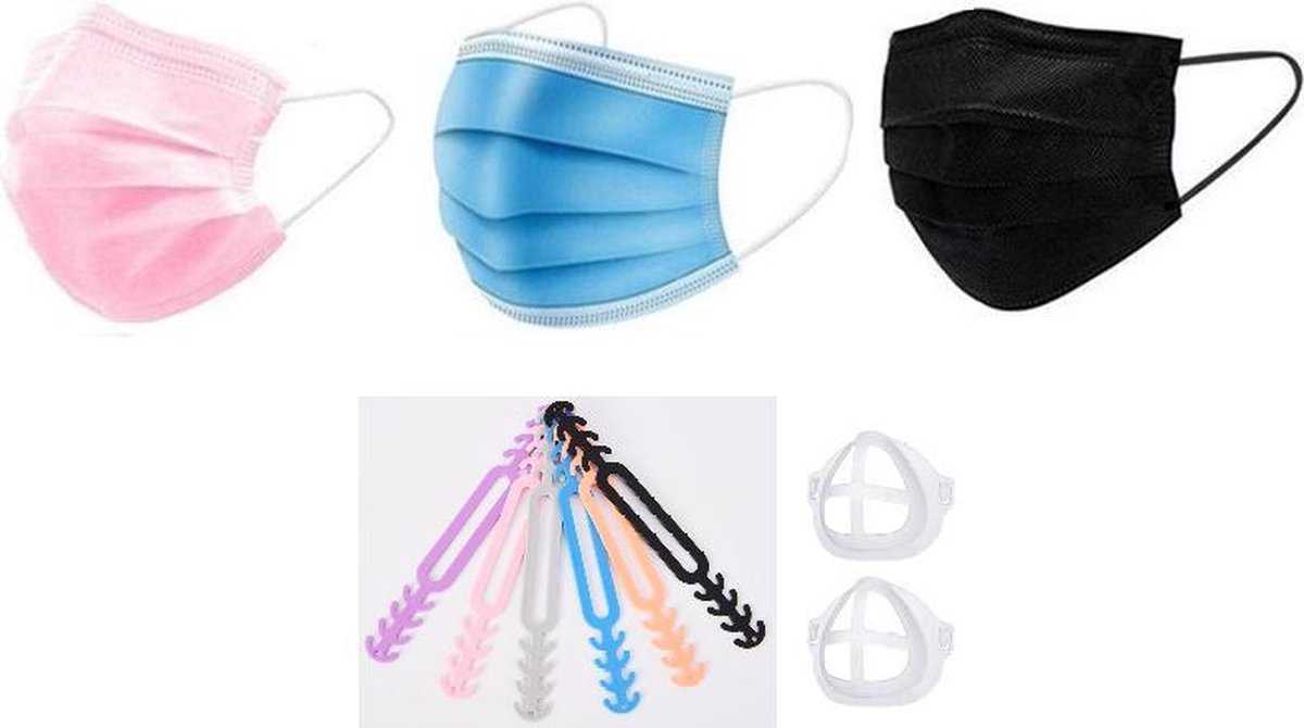 50 Roze + 50 Blauw + 50 Zwart Wegwerp Mondkapjes | Met gratis 5 Earsavers en 2 Beugels