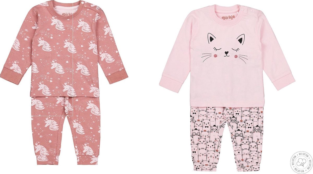 Dirkje SET (2stuks) pyjamas Bio Cotton Roze eenhoorn en Roze poes - 62/68
