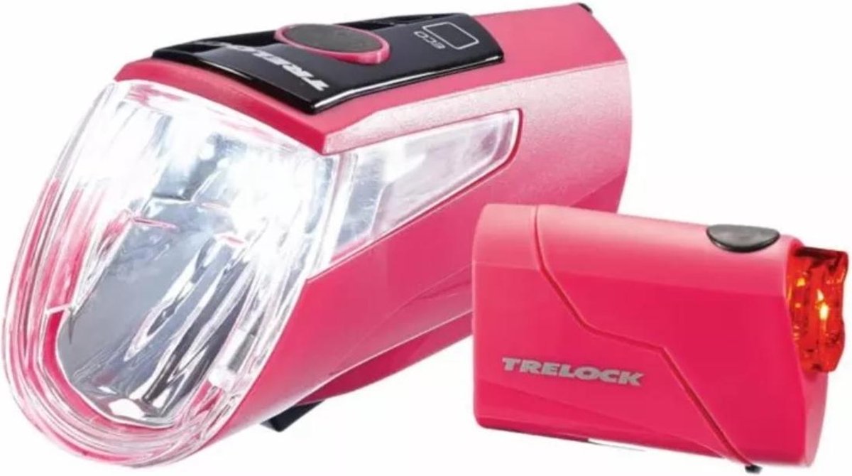 Trelock LED LS 460 I-go verlichtingsset voor en achter. Roze. USB oplaadbaar 30 lux