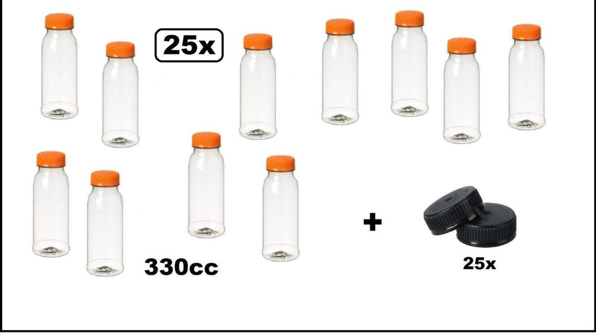 25x Flesje PET helder 330cc met oranje dop + 25 zwarte doppen - drink fles vruchten sap limonade drank