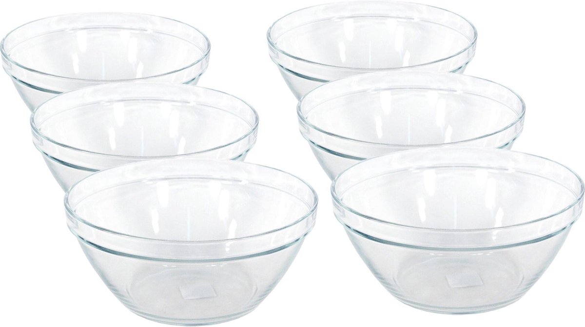 6x Glazen chipsschalen/keukenschalen Pompei 20 cm/2 liter - Schalen/kommen/mengkommen van glas