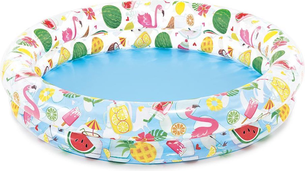 Kinderzwembad 122 x 122 x 25 - Tropisch - Flamingo en zomerse vruchten | opblaasbadje | kinderbadje