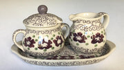 Bunzlau roomstel (suiker en melk kan) 3-delig oud roze met bloem