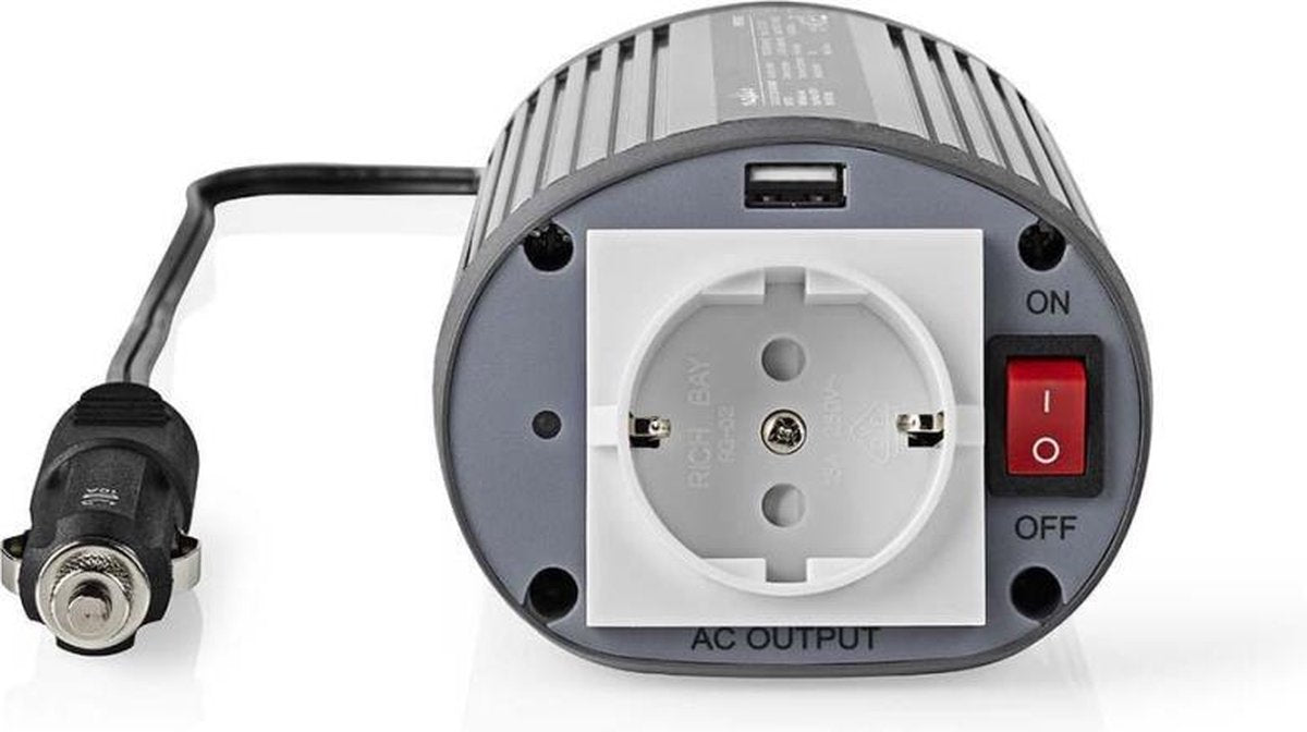 Inverter Gemodificeerde Sinusgolf | Ingangsvoltage: 12 VDC | Apparaat stroomoutput: 1 | 230 V ~ 50 Hz | 150 W | Piekvermogen: 300 W | Type stopcontact: F (CEE 7/3) / USB | Sigarettenaansteker | Gemodificeerde sinusgolf | Zekering | Zilver