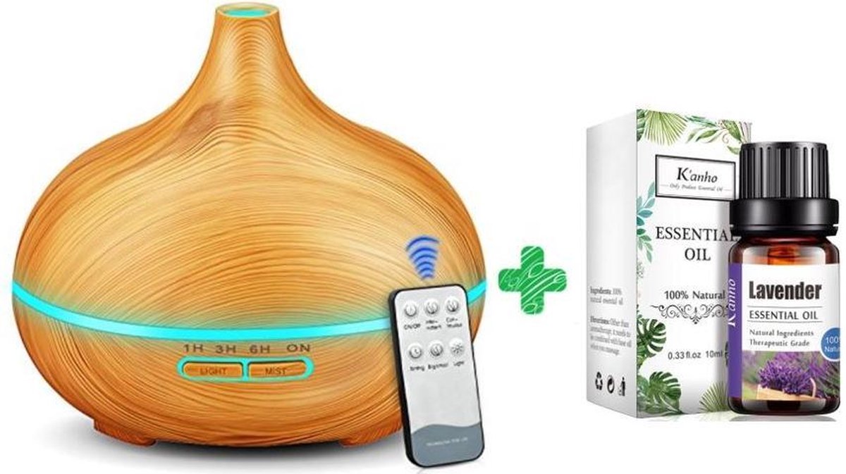 Aroma Diffuser 500ML + 100% Lavendel olie - Light Wood Grain - verbeterde 2021 model
