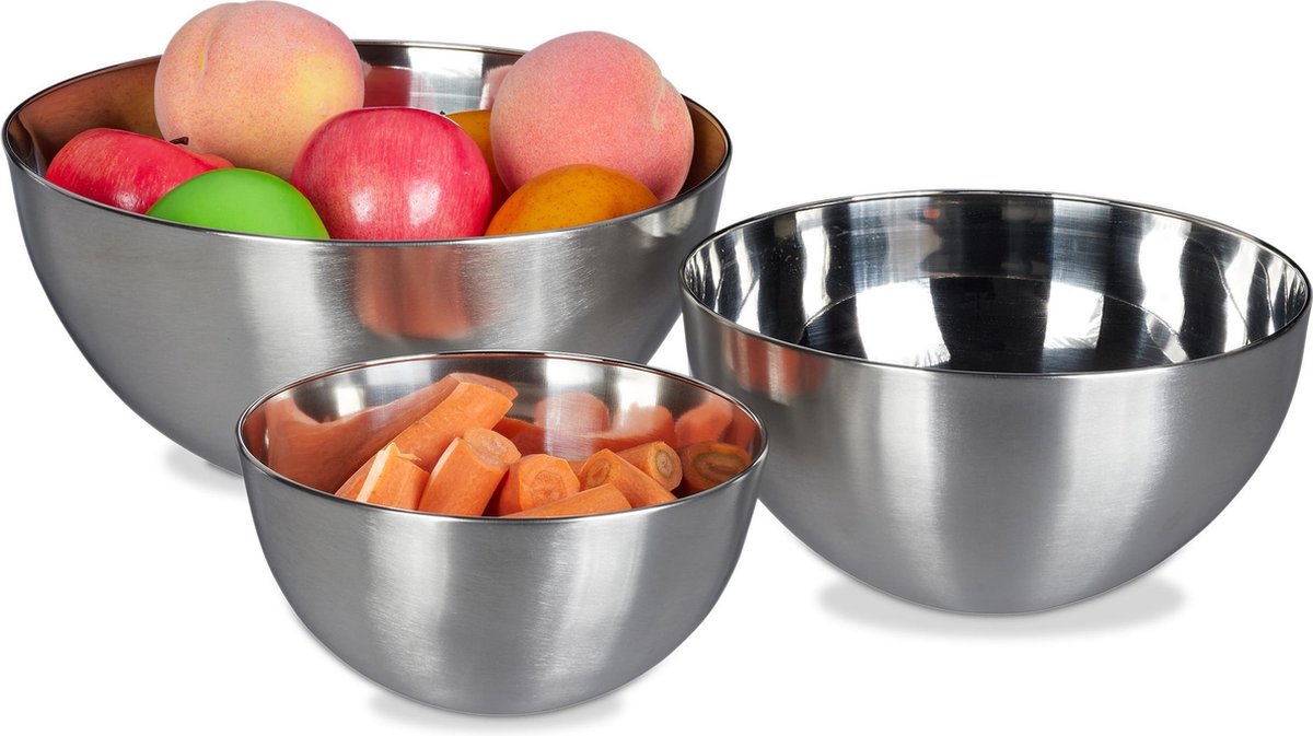 relaxdays Schalen set van 3 - mengkom - beslagkom - fruitschaal - saladeschaal - roestvrij