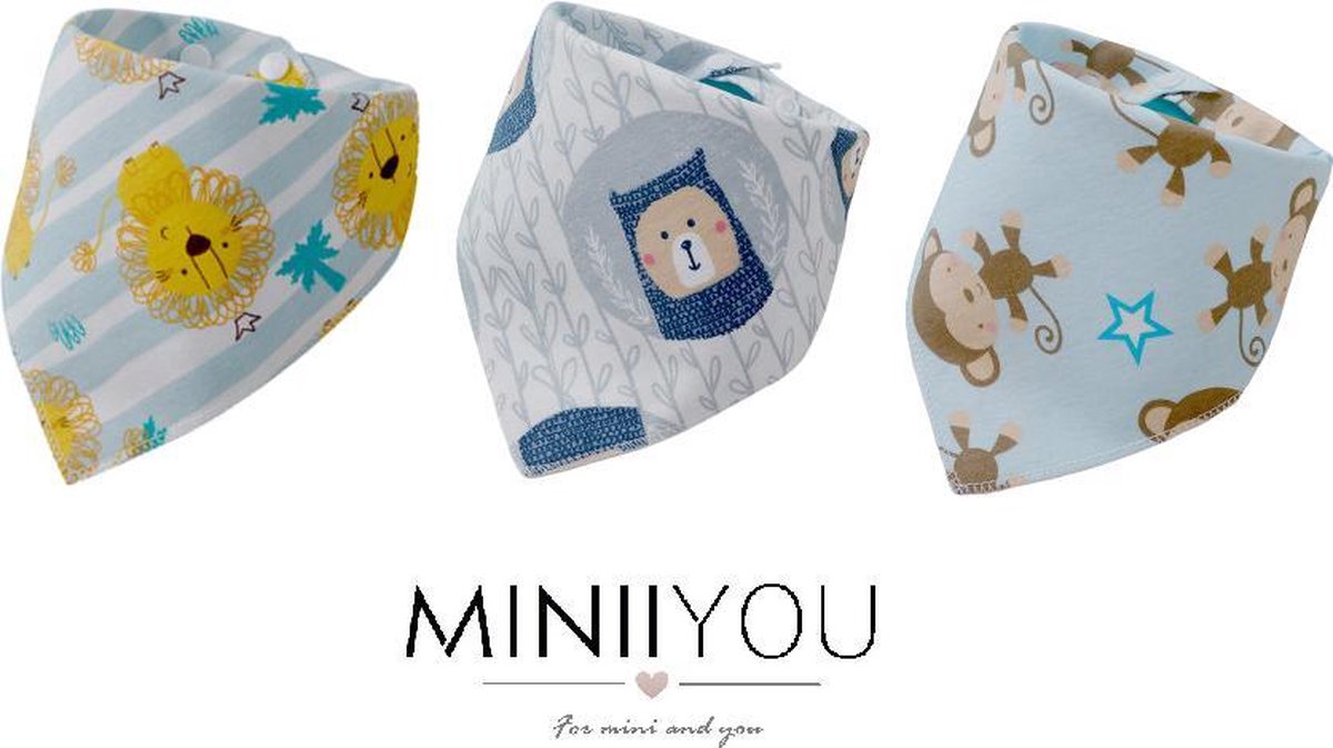 MINIIYOU® Set 3 stuks | 3-pack Bandana kwijl Slabbetjes jongens dieren - leeuw - aap - beer | Baby en peuter slab | puntslab | Stoere Puntsjaaltjes | Slabber Verstelbaar in 2 maten | Kraamcadeau
